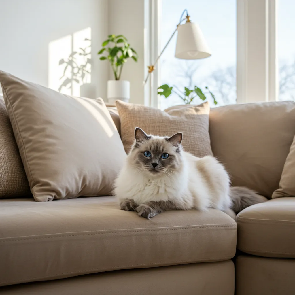 Ragdoll cat relaxing on a couch, highlighting the charm that makes managing Ragdoll cat allergies worthwhile.