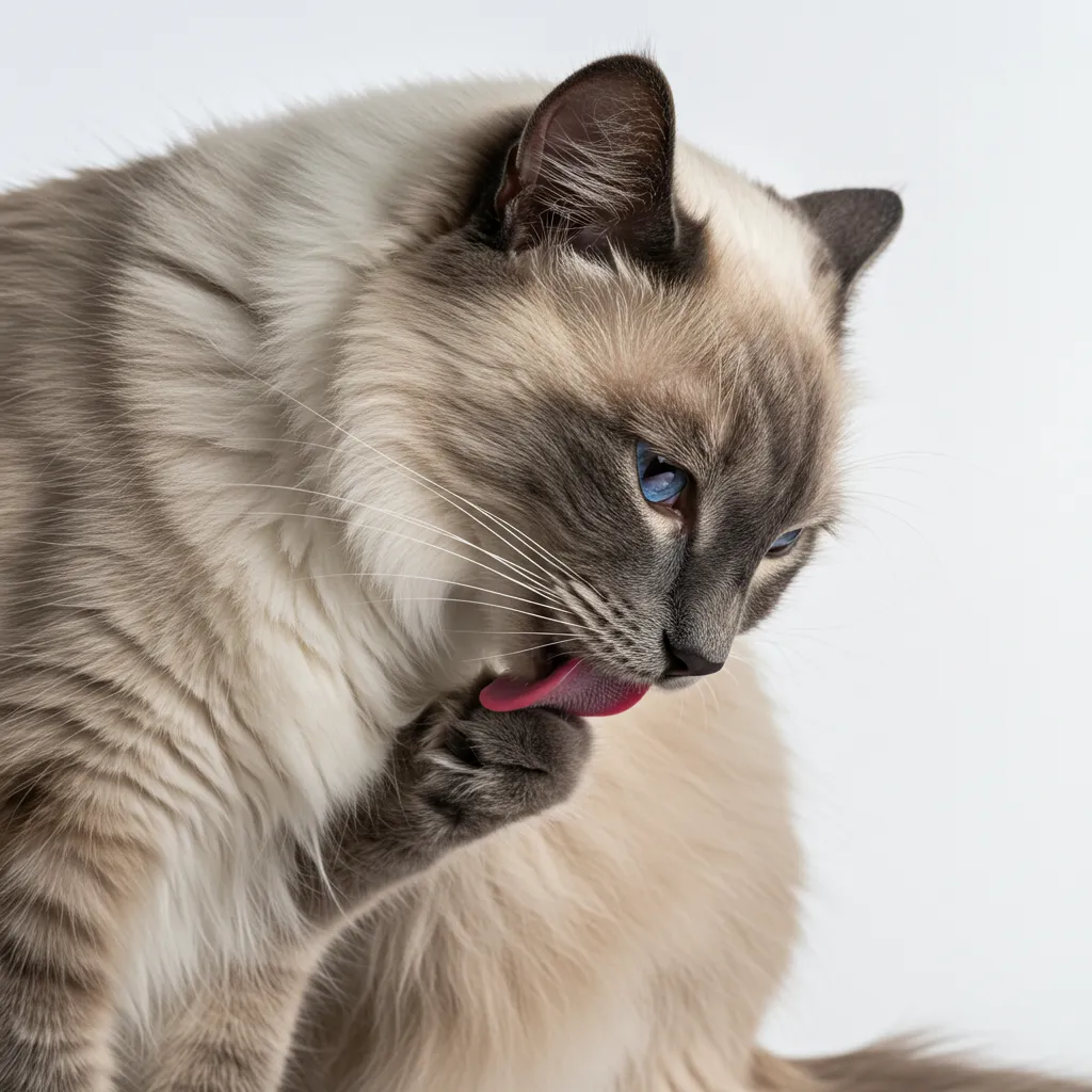 Ragdoll cat grooming, showing how saliva and dander contribute to cat allergies.