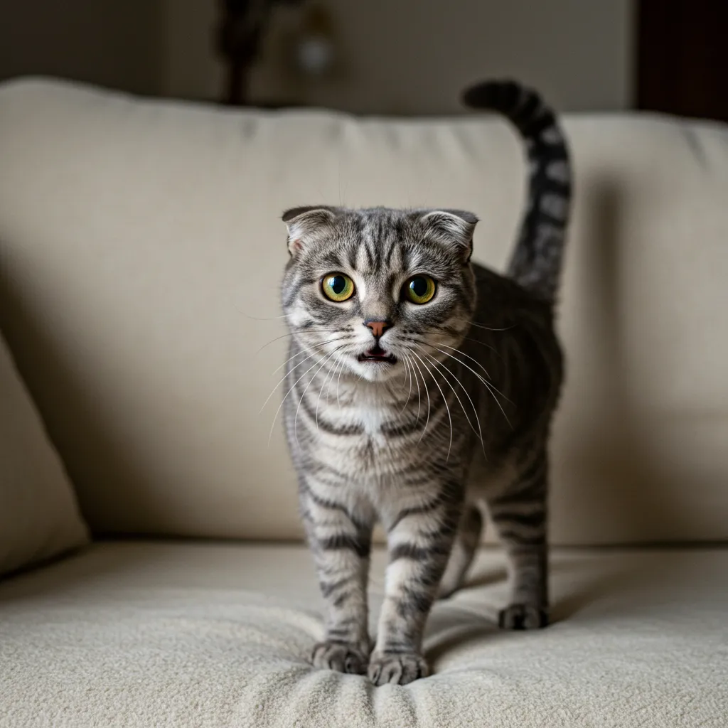 Cat displaying aggressive body language with flattened ears and puffed tail.