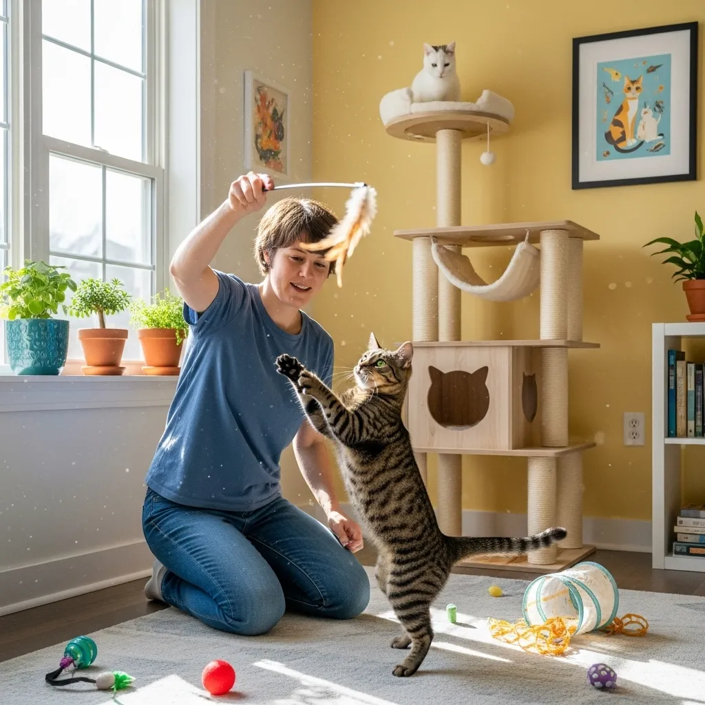 Why Cats Hug and Bite 3 Person redirecting cat biting behavior with a wand toy, promoting playful cat biting solutions.