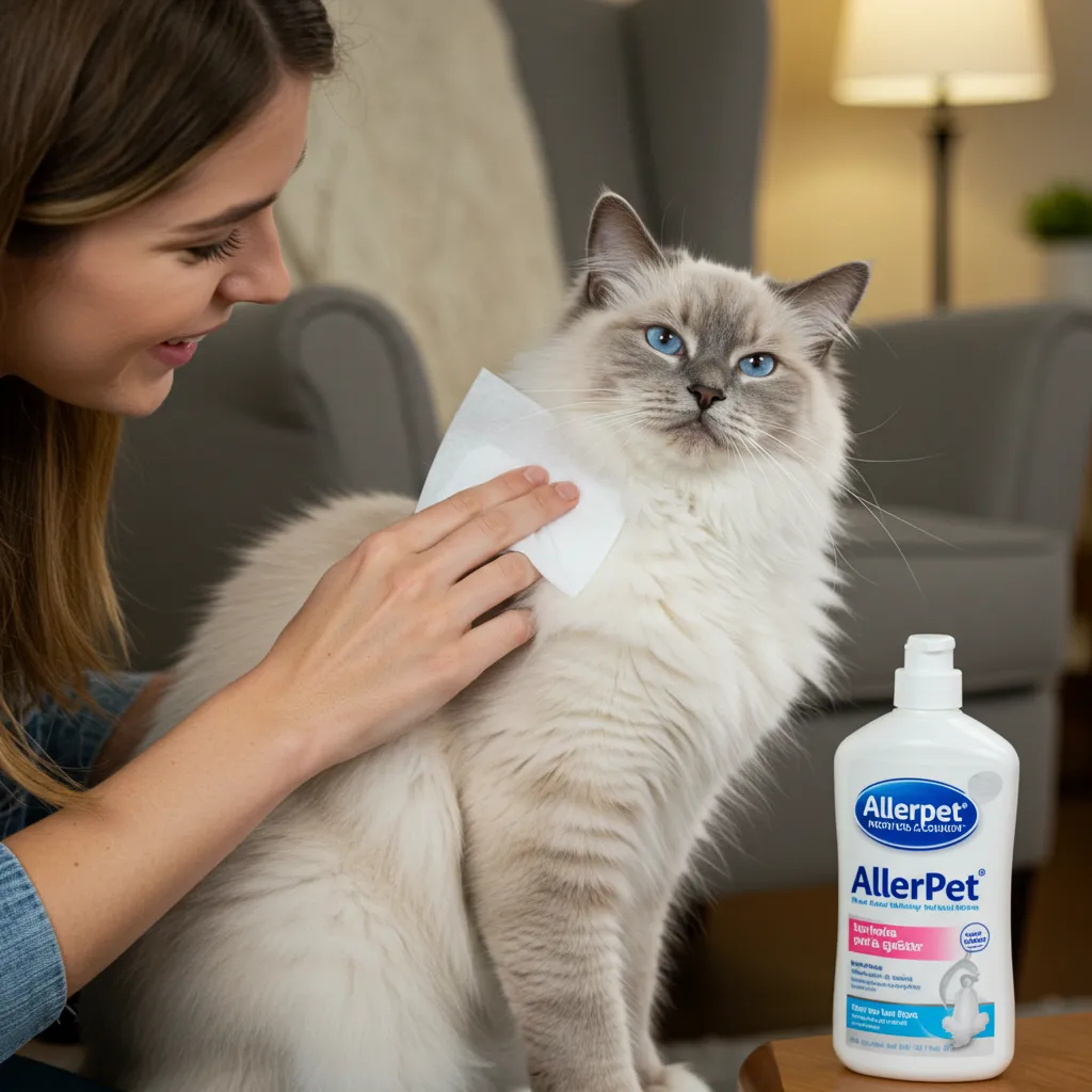 Wiping a Ragdoll cat with allergen-reducing wipes, a key step in managing cat allergies at home.