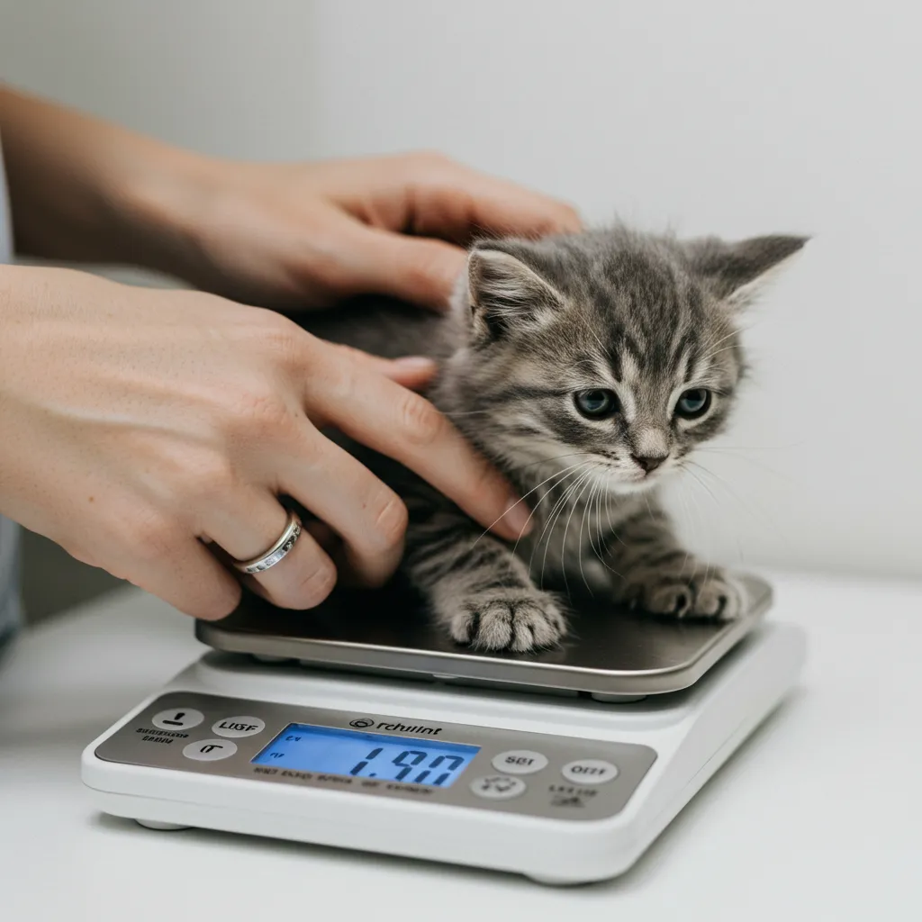  Kitten being weighed on a digital scale for growth monitoring.