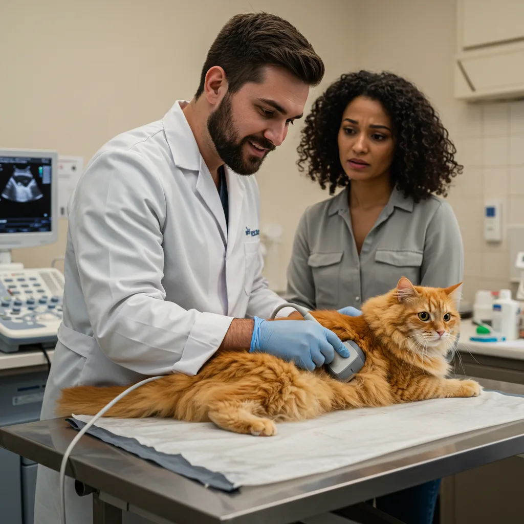 Vet diagnosing cat urinary problems with ultrasound to detect cat bladder issues.