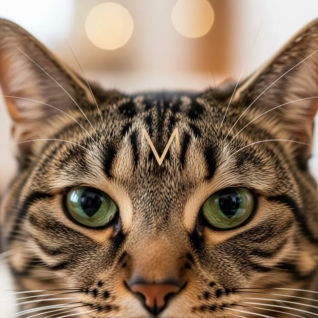 Tabby Cat Colors 9 Close-up of tabby cat’s forehead showing the iconic “M” marking.