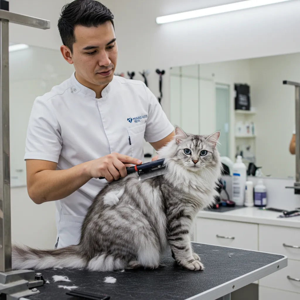 Professional groomer working on a Norwegian Forest Cat’s coat in a salon.