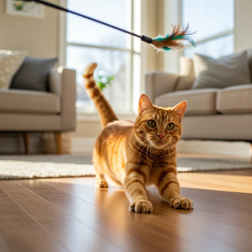 Cat playing with a feather wand to redirect aggressive energy.