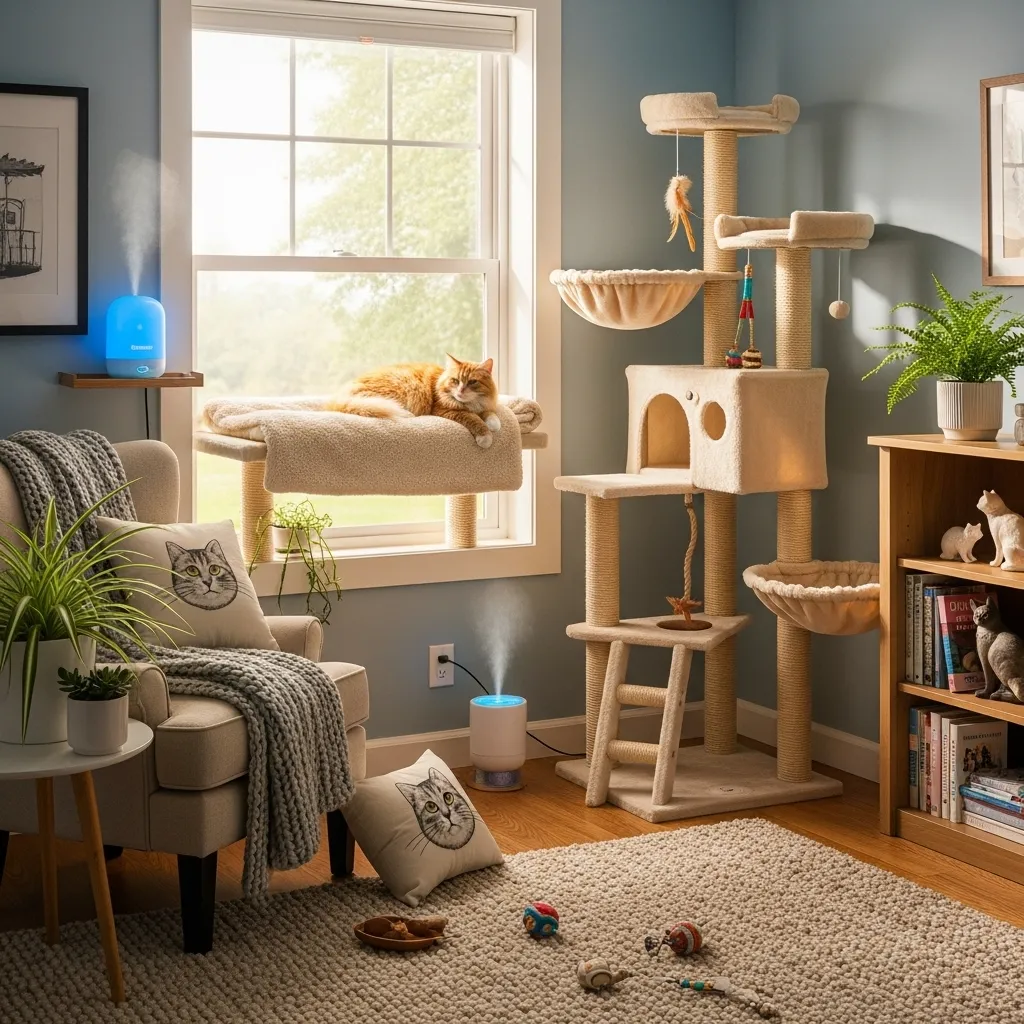 Why Cats Hug and Bite 4 Cat in a stress-free environment with a Feliway diffuser, supporting cat enrichment ideas.