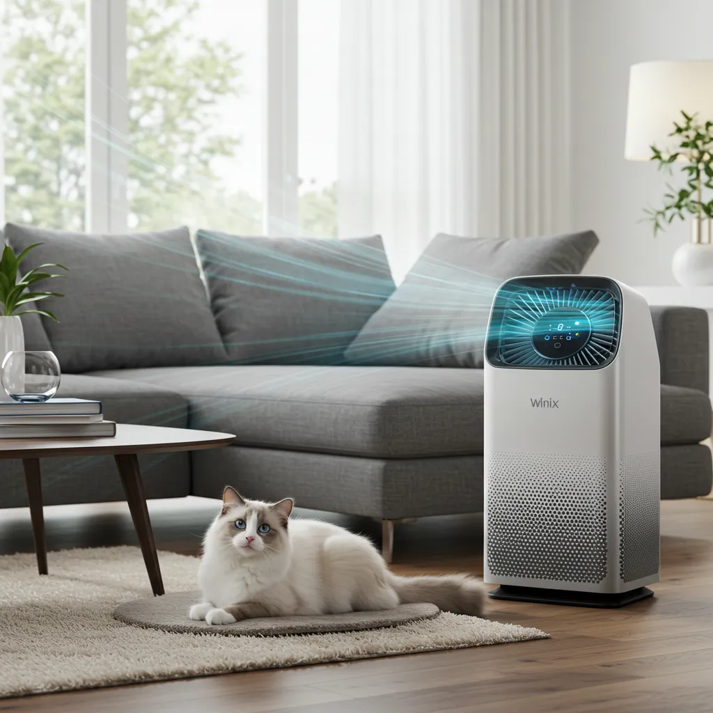 Winix 5500-2 air purifier in a pet-friendly home, reducing Ragdoll cat allergens for allergy relief.