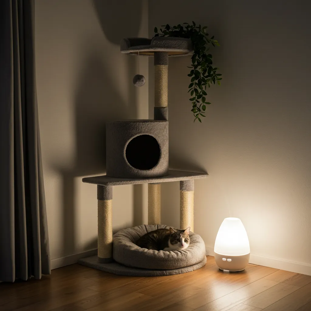 Cat-friendly setup with a pheromone diffuser and cozy bed to reduce aggression.