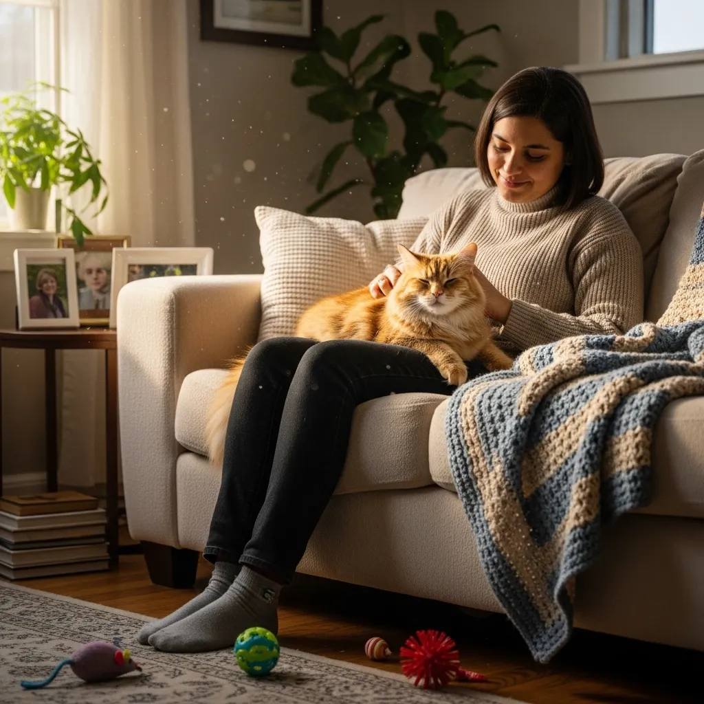 Why Cats Hug and Bite 5 Cat and owner cuddling peacefully, showcasing a bite-free bond after addressing cat biting behavior.