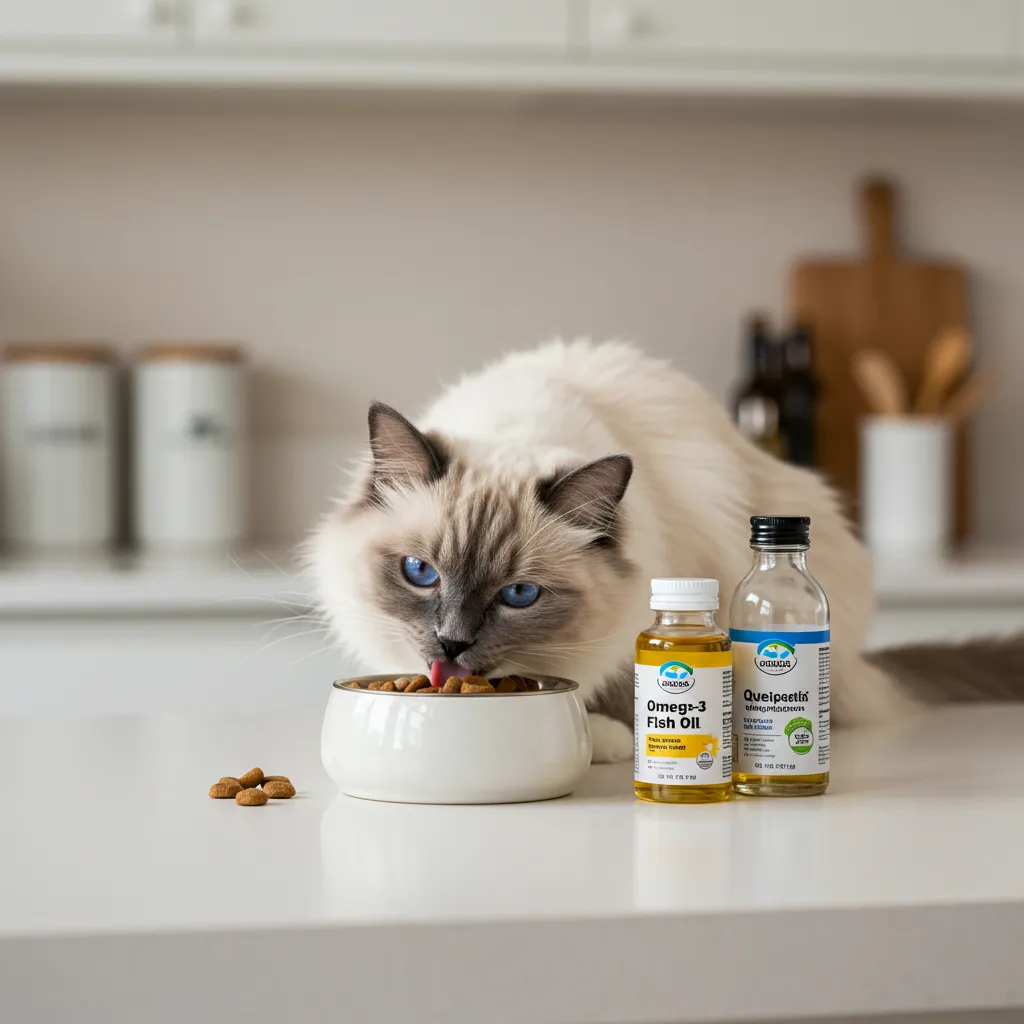 Ragdoll cat enjoying a meal with natural supplements to manage allergies, promoting skin health.