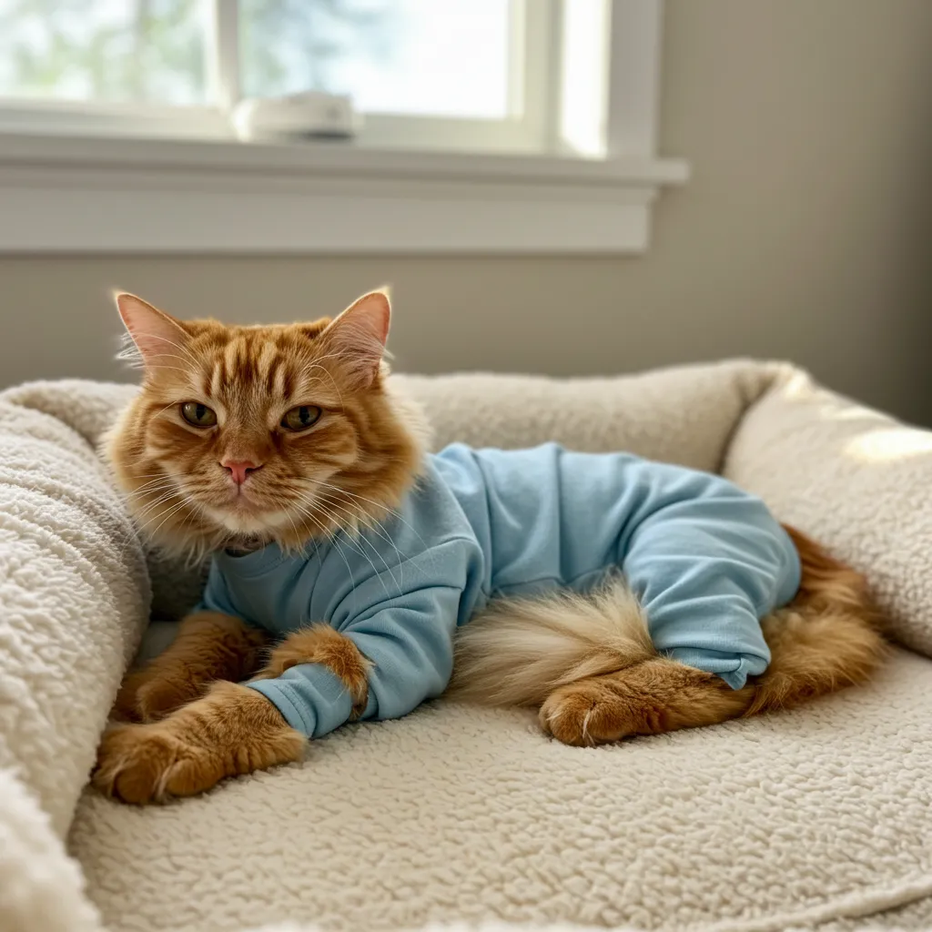 Senior cat in a recovery suit resting comfortably after surgery.
