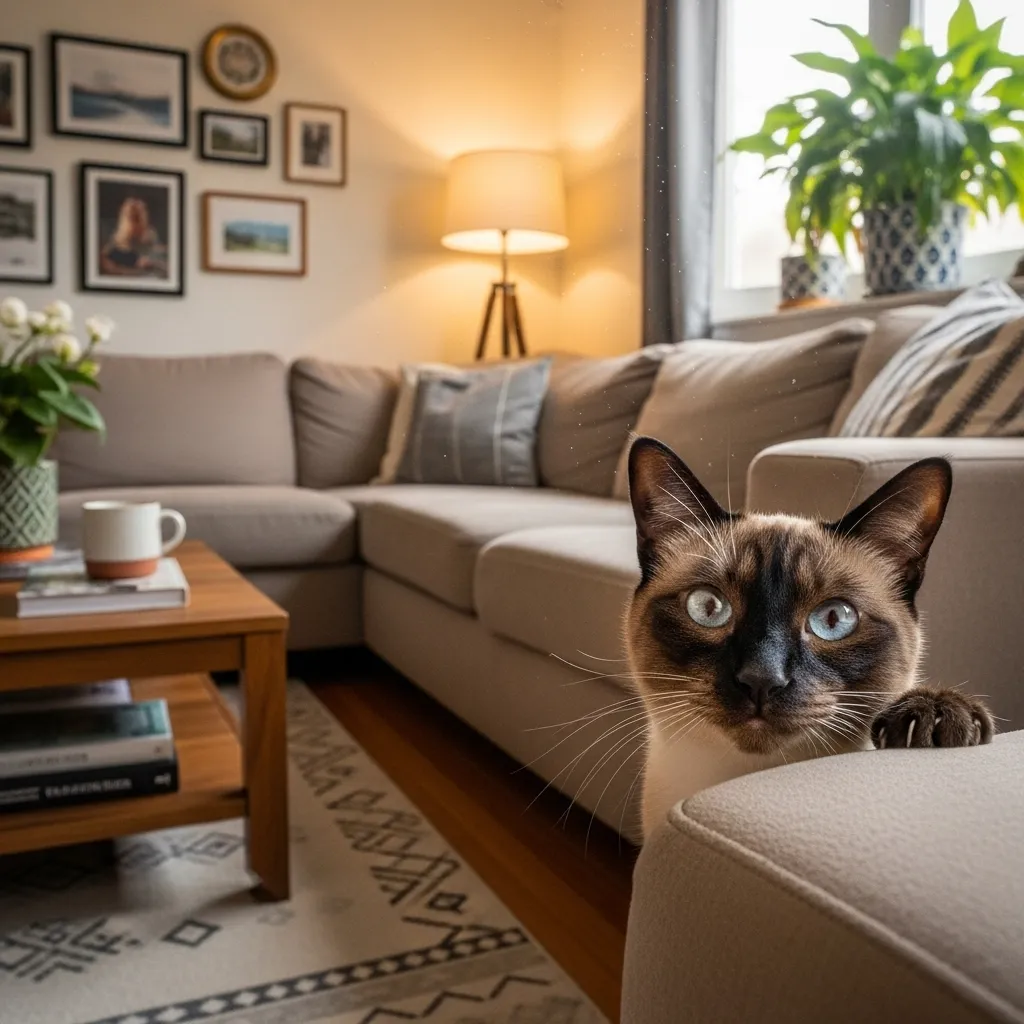 Siamese cat hiding behind the couch, showing signs of unusual cat behavior.