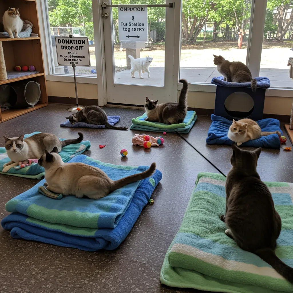 Cozy cat shelter with donation blankets and toys, welcoming donations.