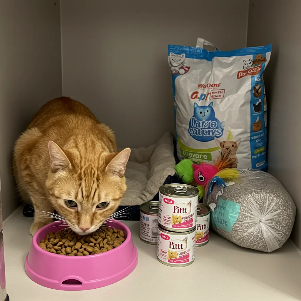 Tabby cat enjoying donated food supply in a shelter kennel.