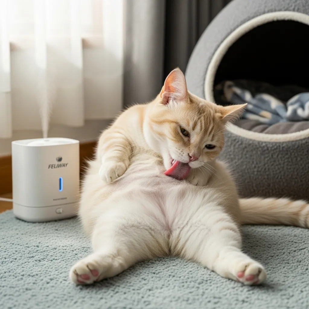 Munchkin cat over-grooming belly, showing abnormal cat grooming habits due to stress.