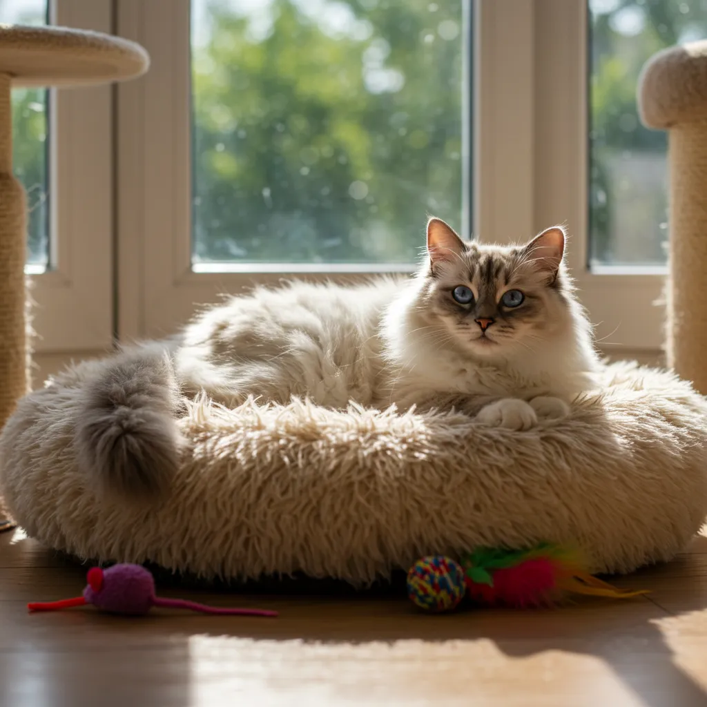 Fluffy Ragdoll cat relaxing on a cozy bed in a cat-friendly room.