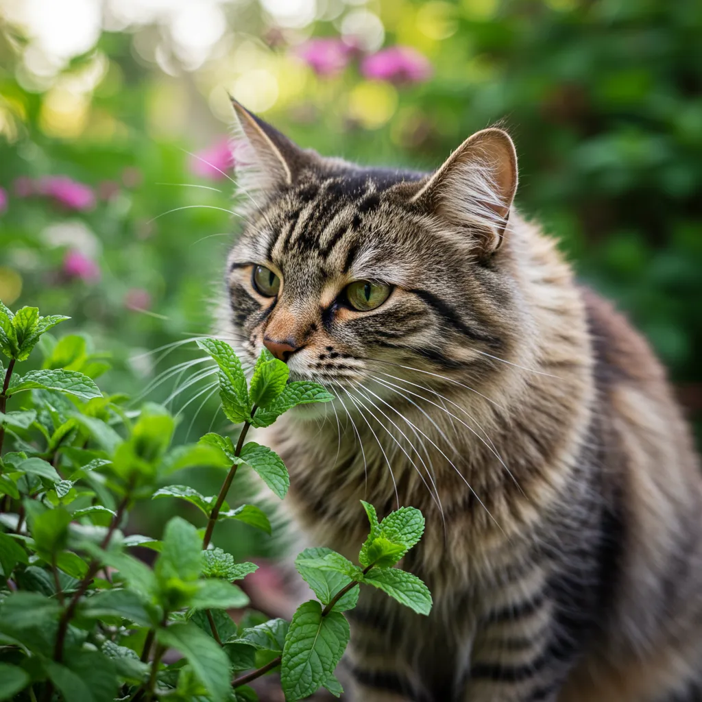 Tabby cat sniffing a mint plant in a garden.