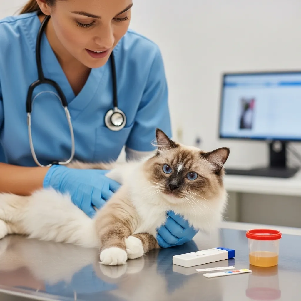 Veterinarian checking Ragdoll cat for health issues causing abnormal cat behavior.