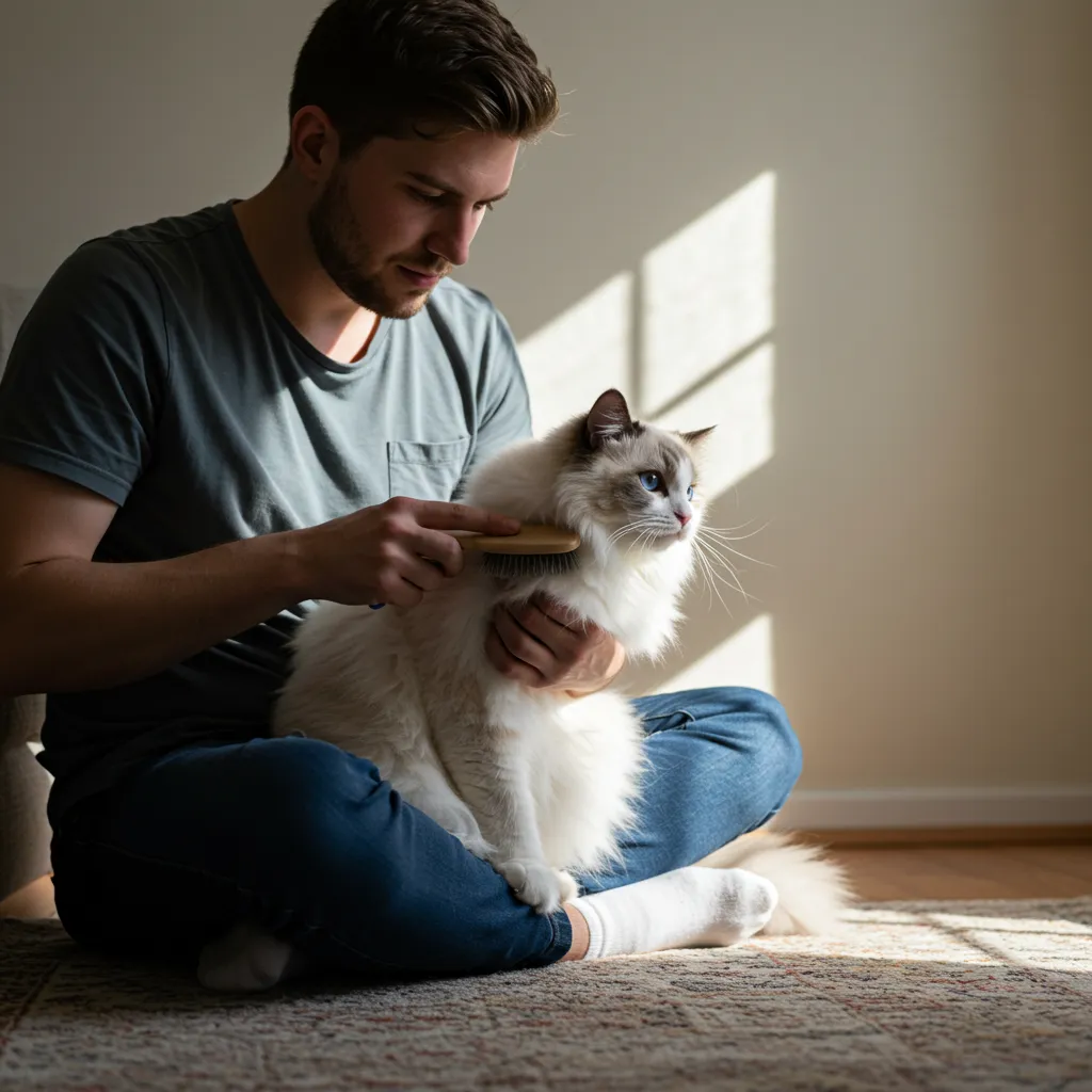 Ragdoll cat enjoying a gentle grooming session with its owner.