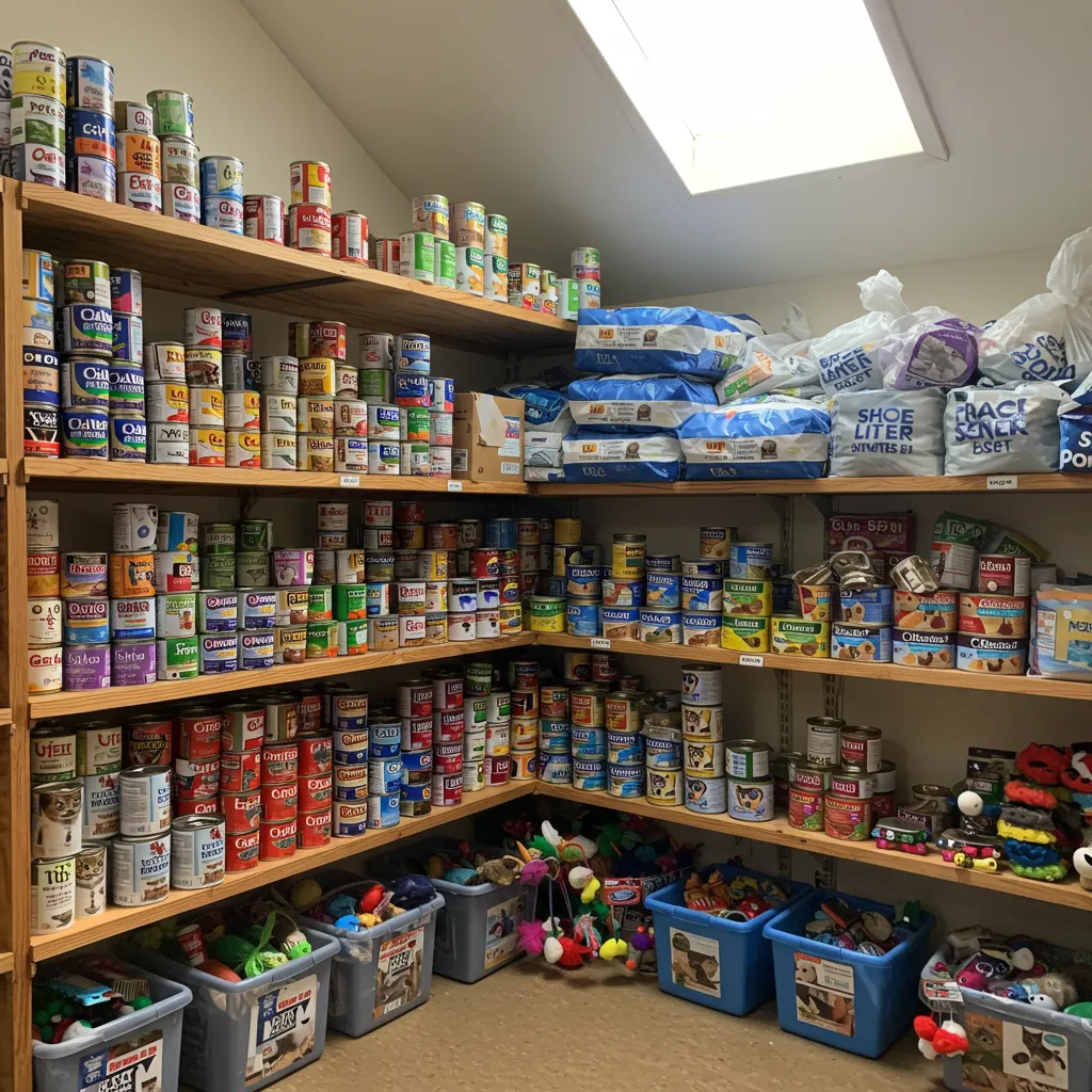 Shelter storage with donated cat food, litter, and toys.
