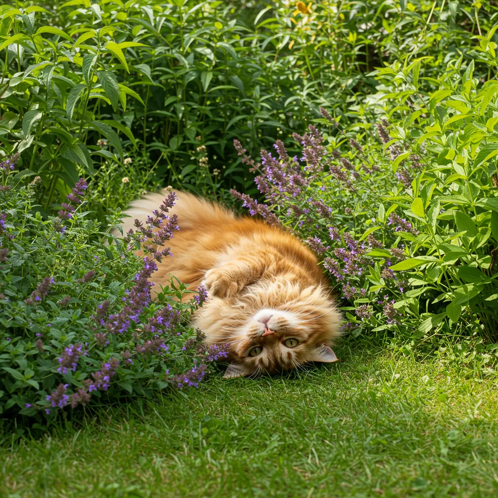 Maine Coon cat rolling in a catmint patch.