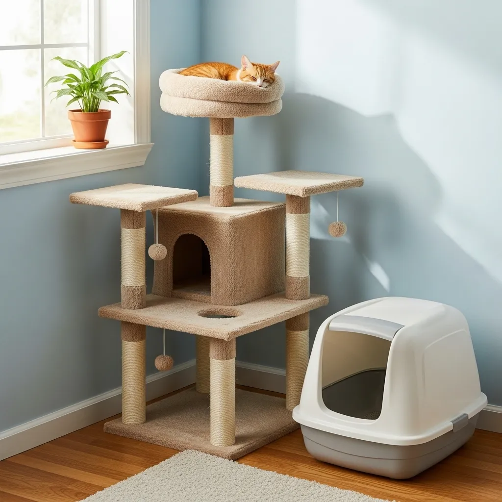 Cat tree and litter box in a serene setup, creating a calming environment for cats.