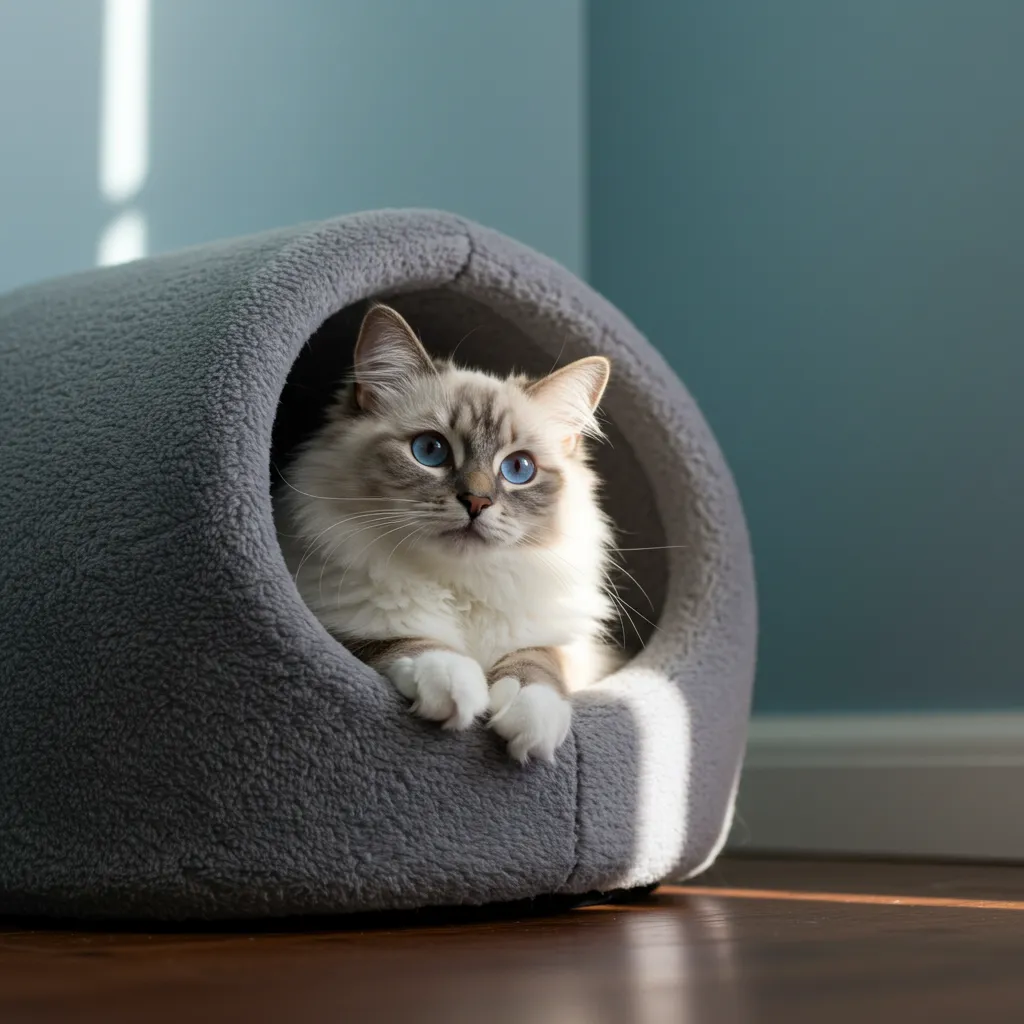  Ragdoll cat relaxing in a cozy cave bed in a safe space.