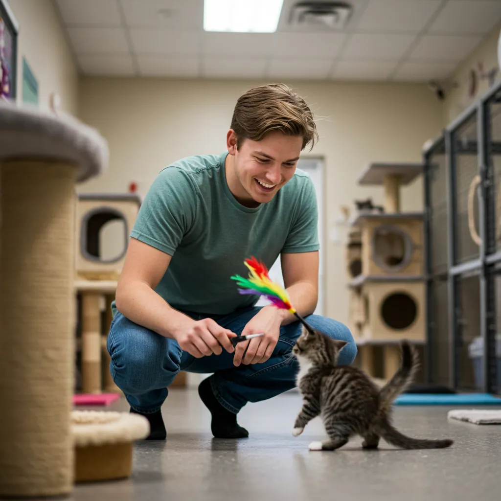 Volunteer engaging a kitten with a toy at a cat shelter.