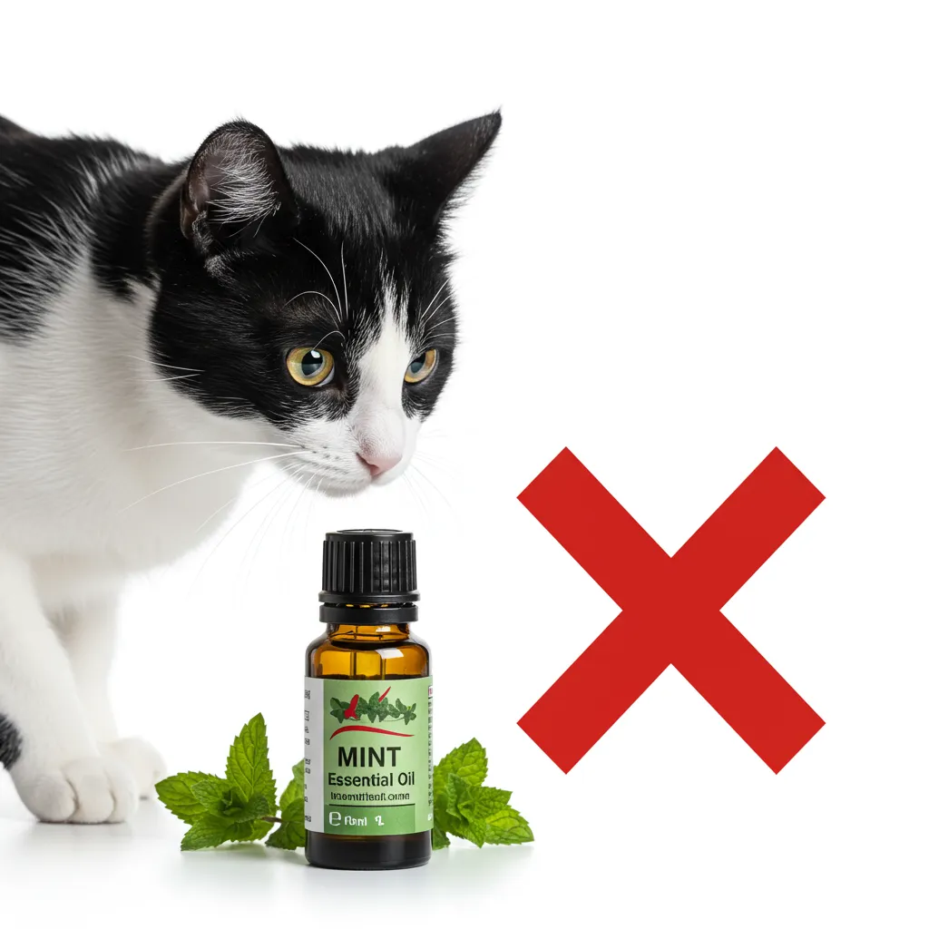 Cat near toxic mint essential oil with warning symbol.