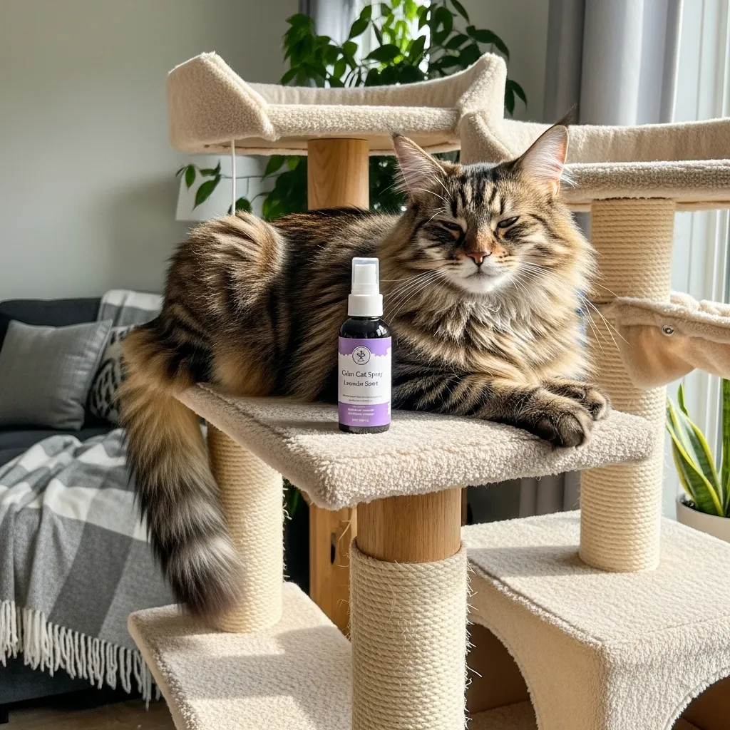 Norwegian Forest Cat on cat tree with lavender spray, reducing cat anxiety and stress.