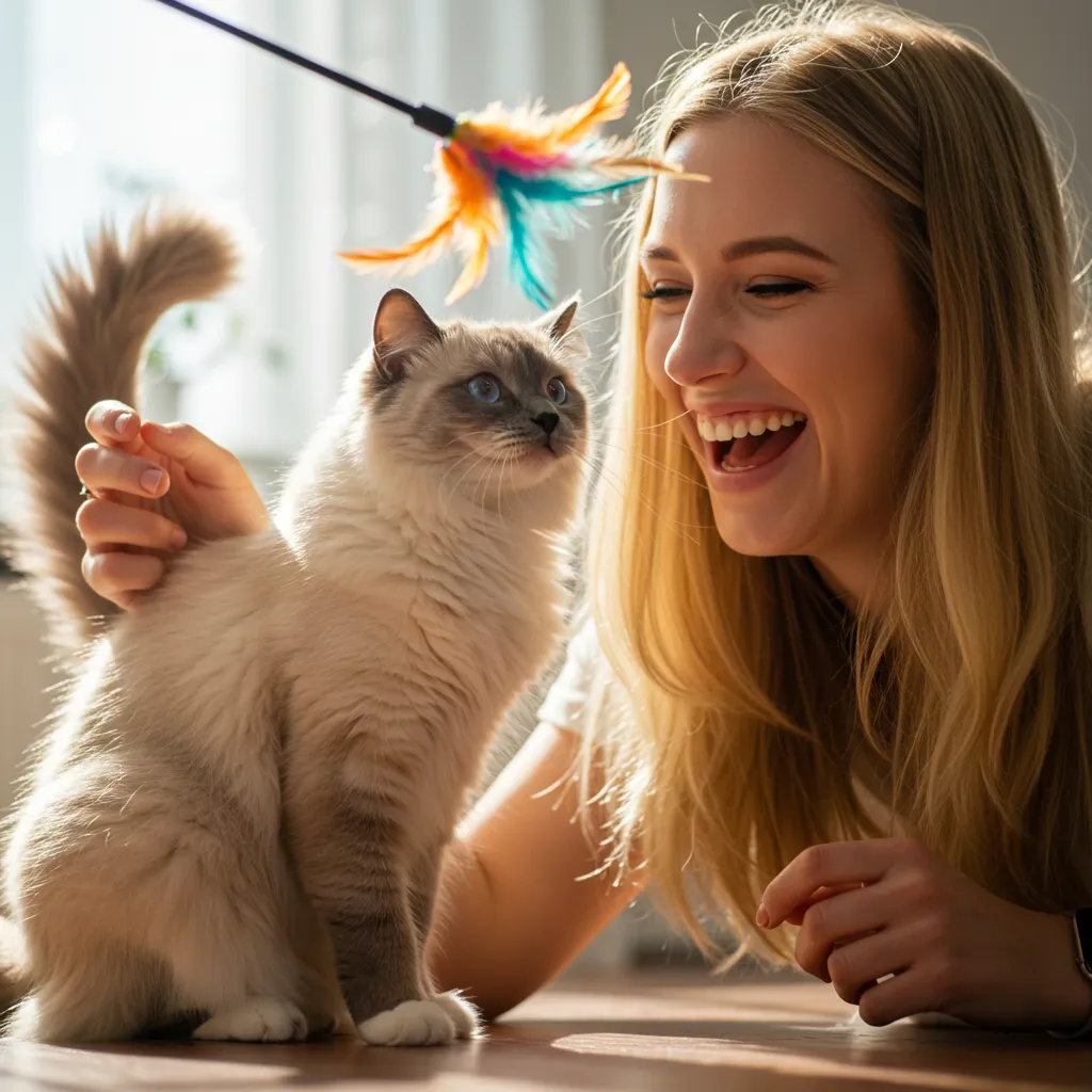  Owner bonding with Ragdoll cat during playtime with a feather wand.
