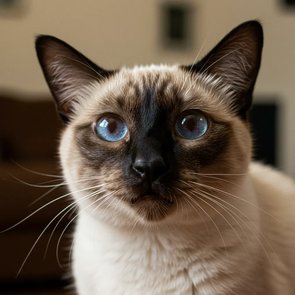 Siamese cat reverse sneezing in cozy home environment.
