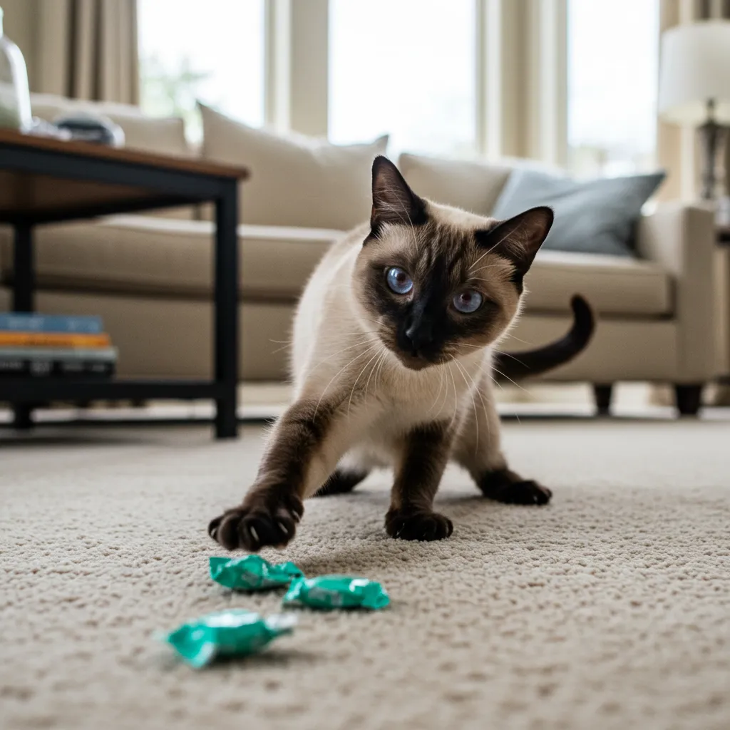 Siamese cat playing with a mint candy wrapper