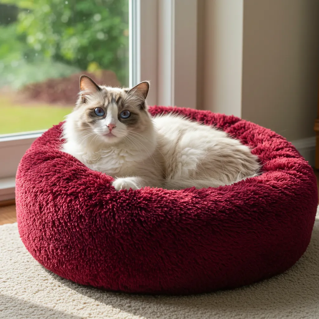 Ragdoll cat napping in a plush donut bed in a cozy room.