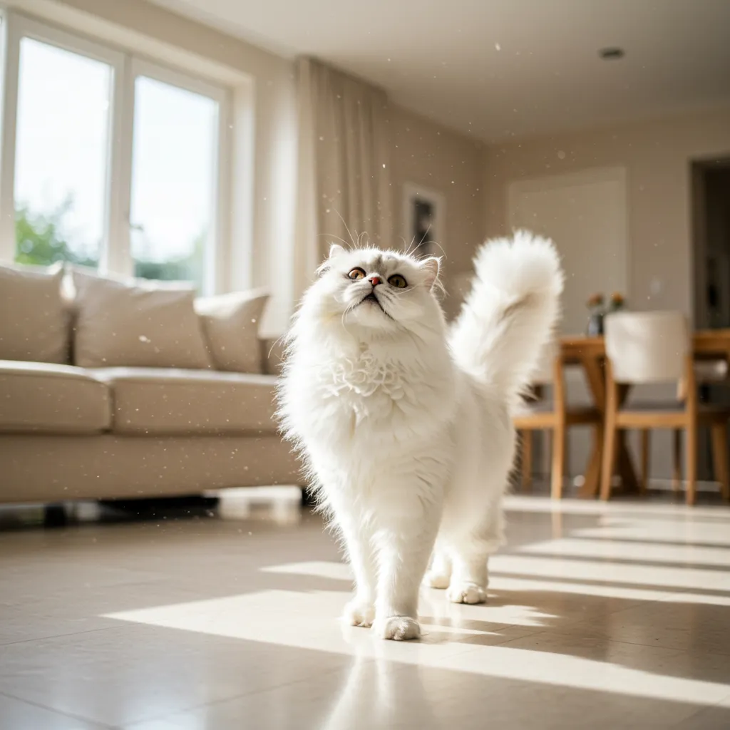 Persian cat during a reverse sneezing episode in airy living room.