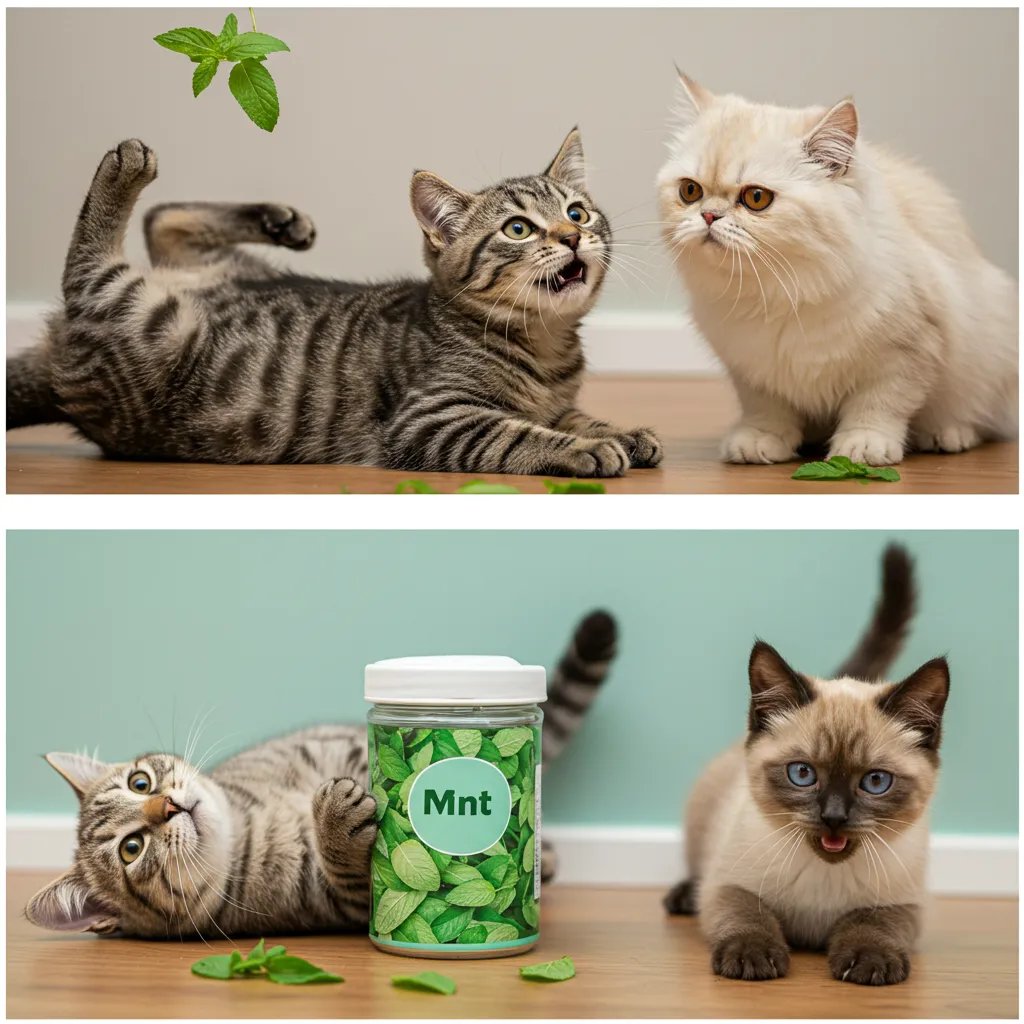 Collage of cats reacting to mint in playful poses.