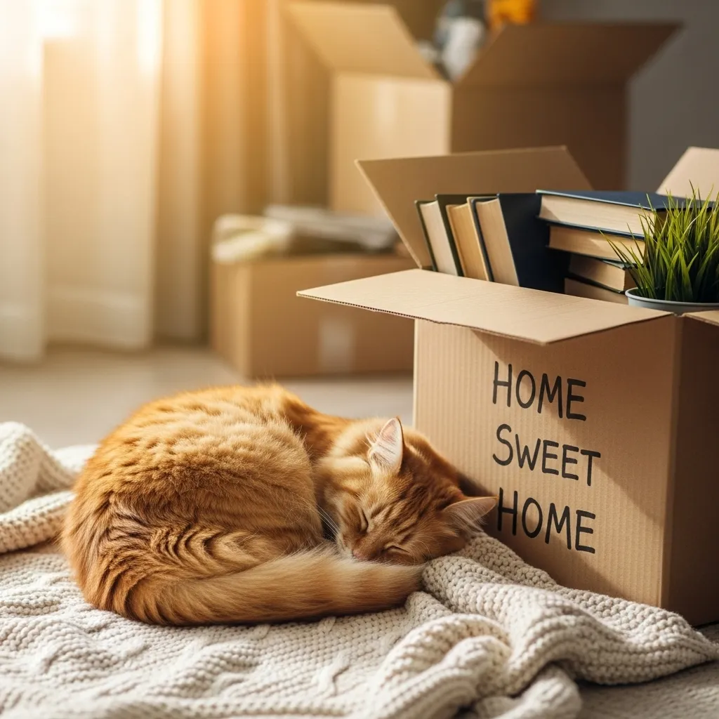  Cat on blanket near moving box, representing the emotional start of rehoming a cat.