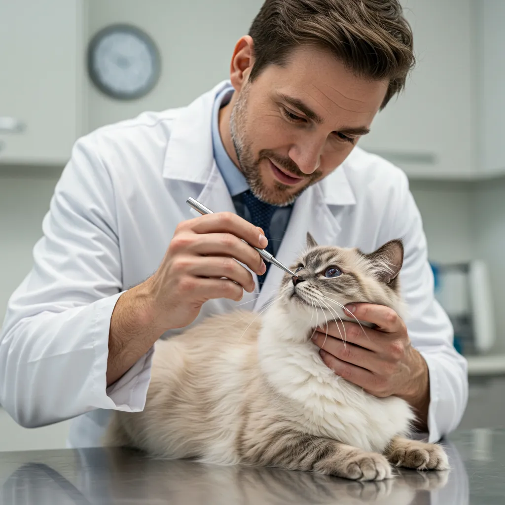 Veterinarian checking Ragdoll cat for nasal issues in clinic.