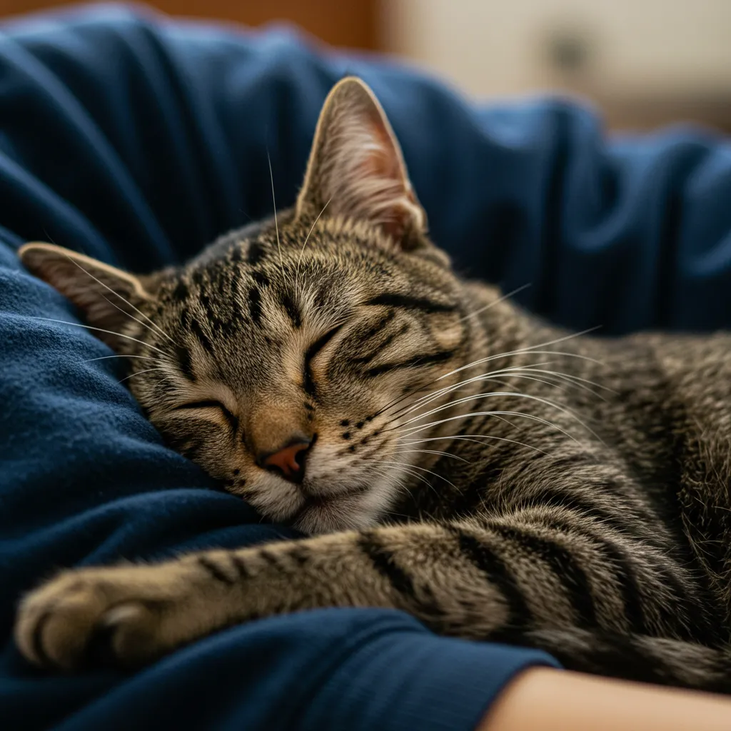 Tabby cat peacefully sleeping on owner’s arm, showcasing feline trust and affection.