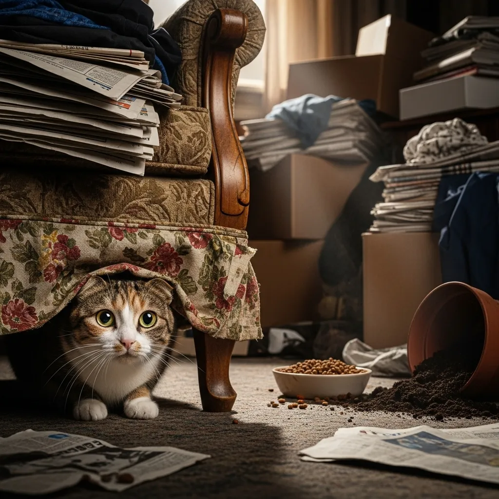Stressed cat hiding under furniture, illustrating reasons for rehoming a cat like behavioral issues.