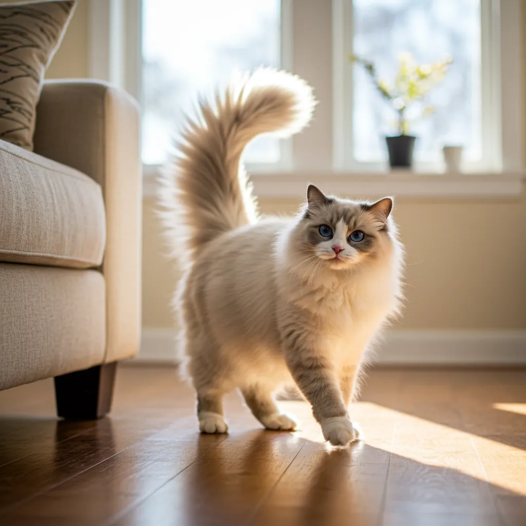  Playful Ragdoll cat chasing its tail in a cozy living room.
