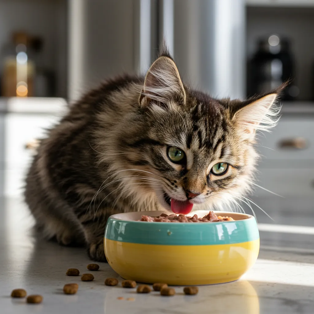 Norwegian Forest kitten eating high-protein food.