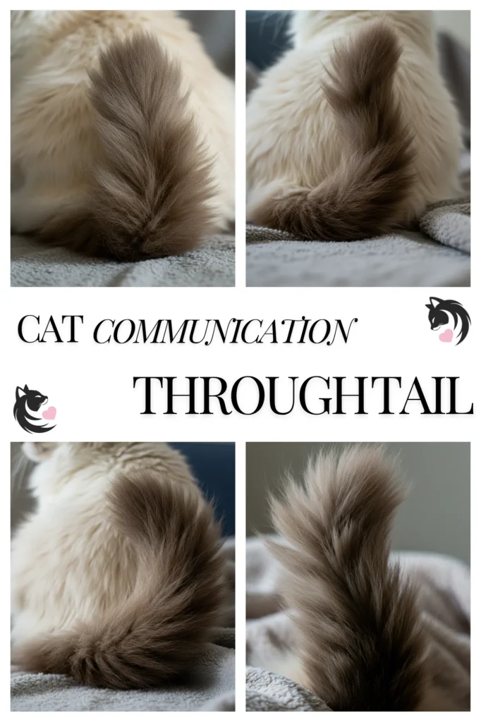 Close-up of a Ragdoll cat’s bushy tail on a soft blanket.