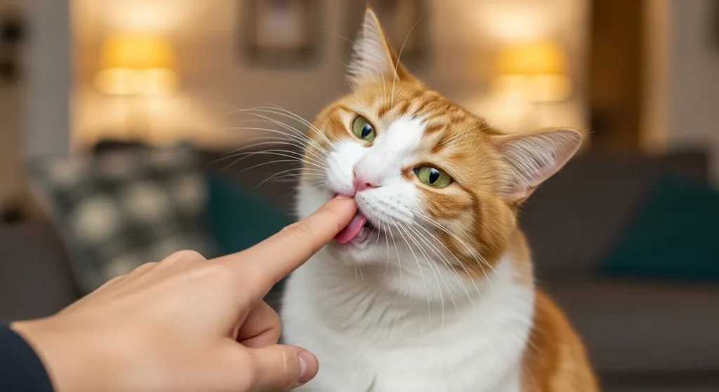  Cat playfully biting owner’s finger after licking, showing feline communication.