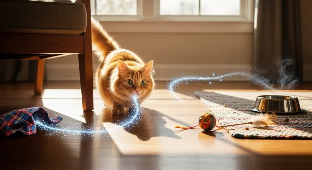 Cat mealtime enrichment with scent trail game