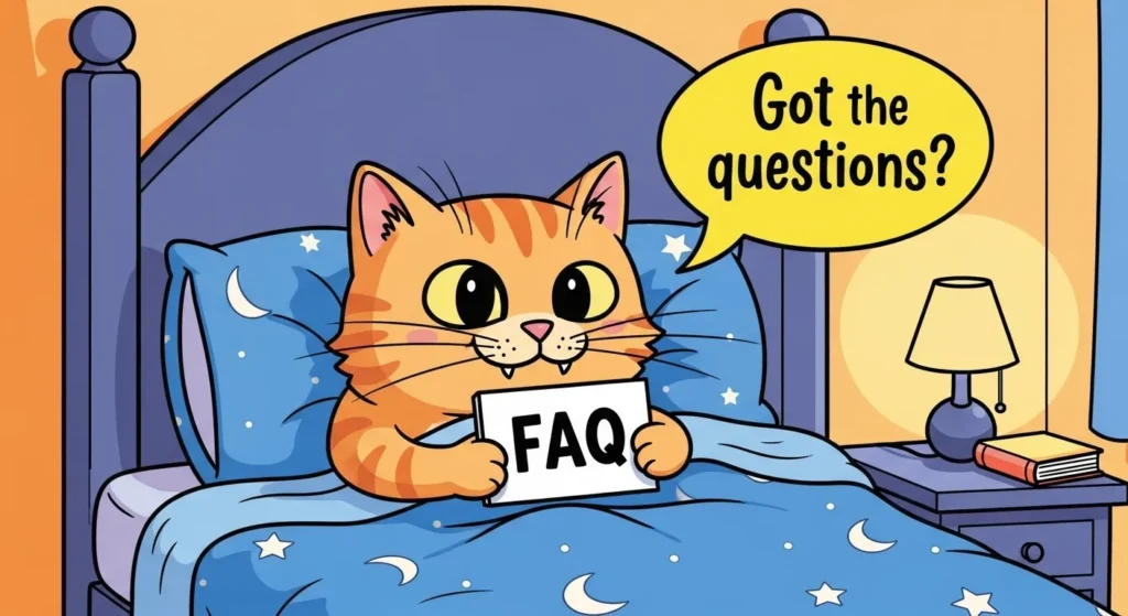 Cute cartoon cat in bed holding a tiny FAQ sign, speech bubble: “Got questions?” Playful, bold colors.