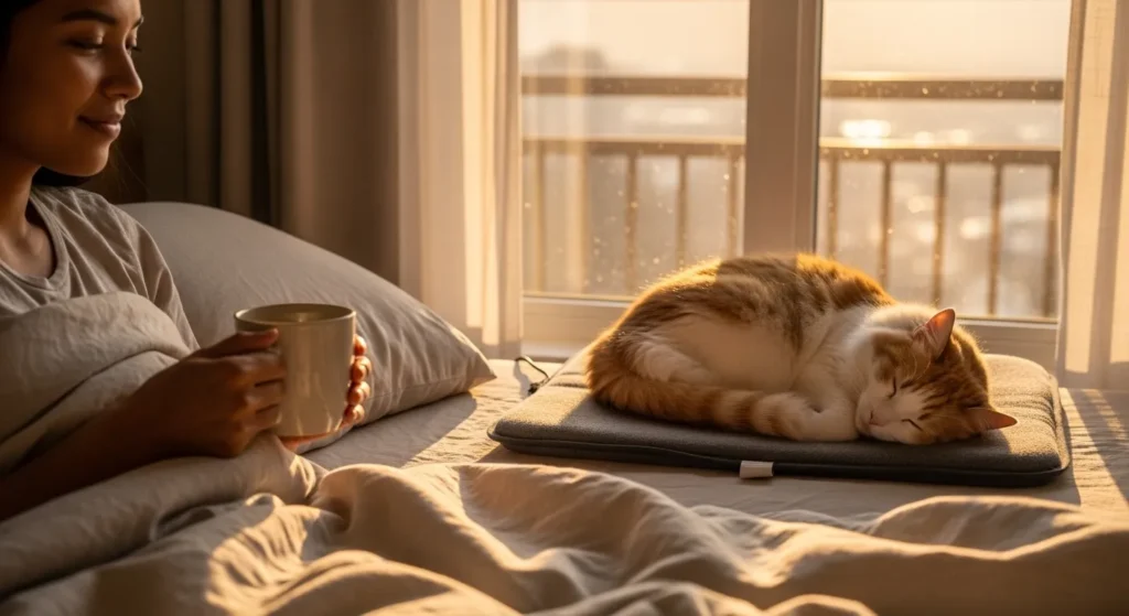 Peaceful morning after training: cat and owner both happy 😊☕🐱