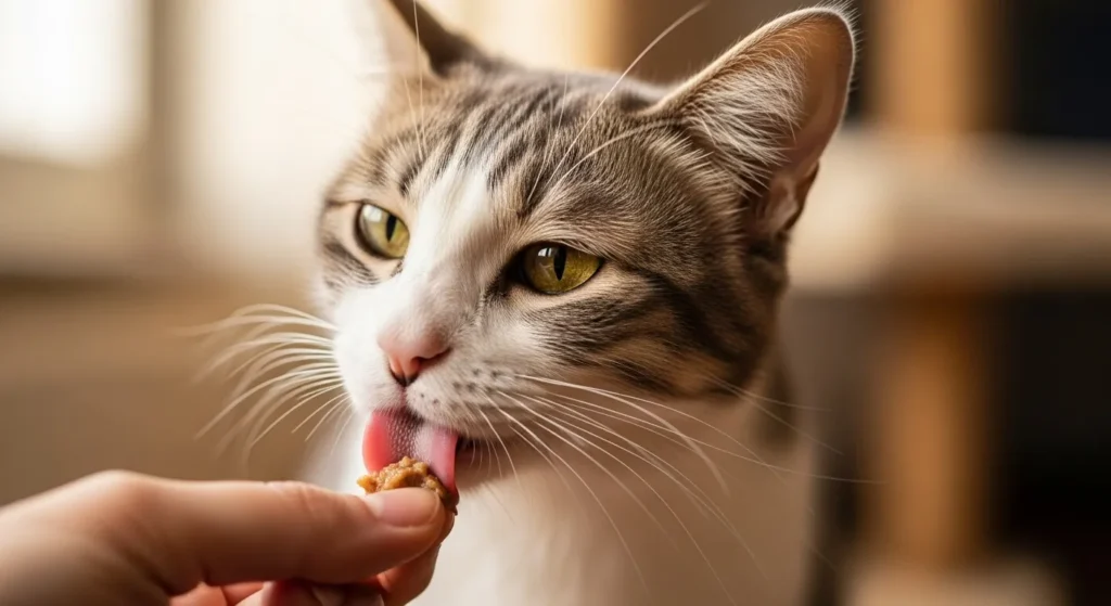 Hand feeding cats to build trust and appetite