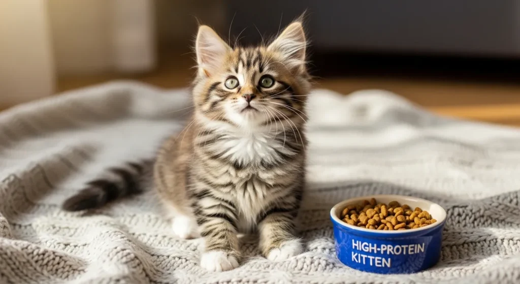 Fluffy Norwegian Forest kitten with food bowl.
